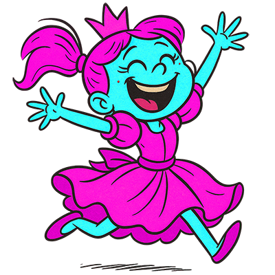 Cartoon-style girl with pink hair and dress joyfully jumping with arms raised.