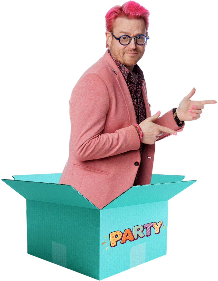 Dave Brenn striking multiple fun poses in a pink blazer with pink hair, shown in a dynamic multiplicity effect on a sparkly pink background.